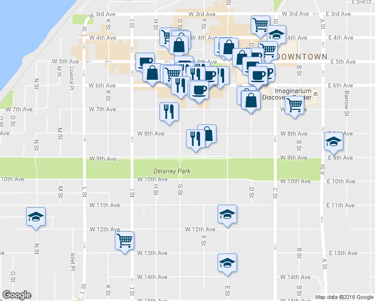 map of restaurants, bars, coffee shops, grocery stores, and more near 635 West 9th Avenue in Anchorage