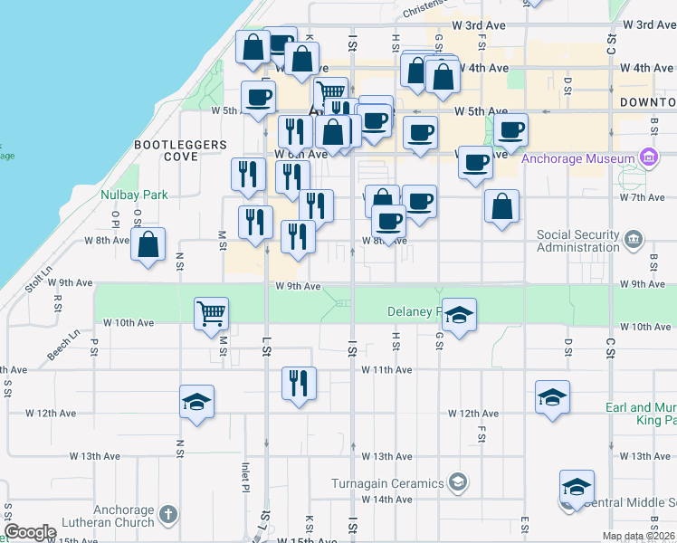 map of restaurants, bars, coffee shops, grocery stores, and more near 845 K Street in Anchorage