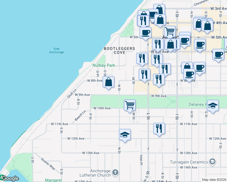 map of restaurants, bars, coffee shops, grocery stores, and more near 880 N Street in Anchorage