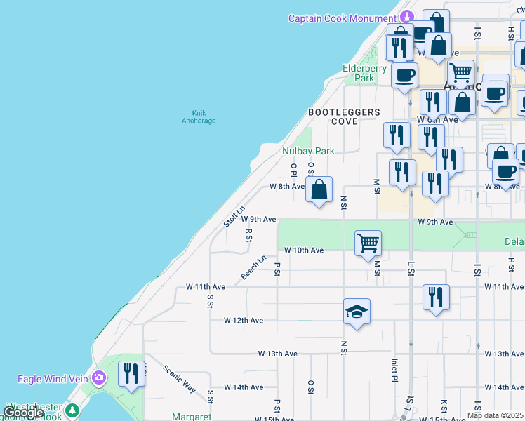 map of restaurants, bars, coffee shops, grocery stores, and more near 1536 West 9th Avenue in Anchorage