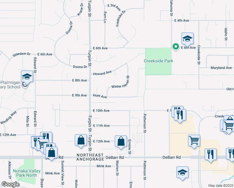 map of restaurants, bars, coffee shops, grocery stores, and more near 6901 Hunt Avenue in Anchorage