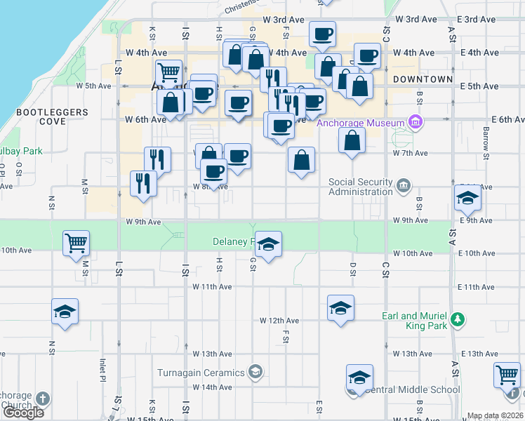 map of restaurants, bars, coffee shops, grocery stores, and more near 635 West 9th Avenue in Anchorage