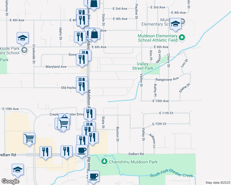 map of restaurants, bars, coffee shops, grocery stores, and more near 905 Muldoon Road in Anchorage