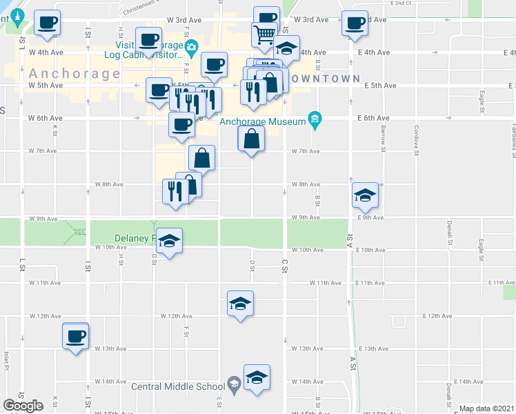 map of restaurants, bars, coffee shops, grocery stores, and more near 835 D Street in Anchorage