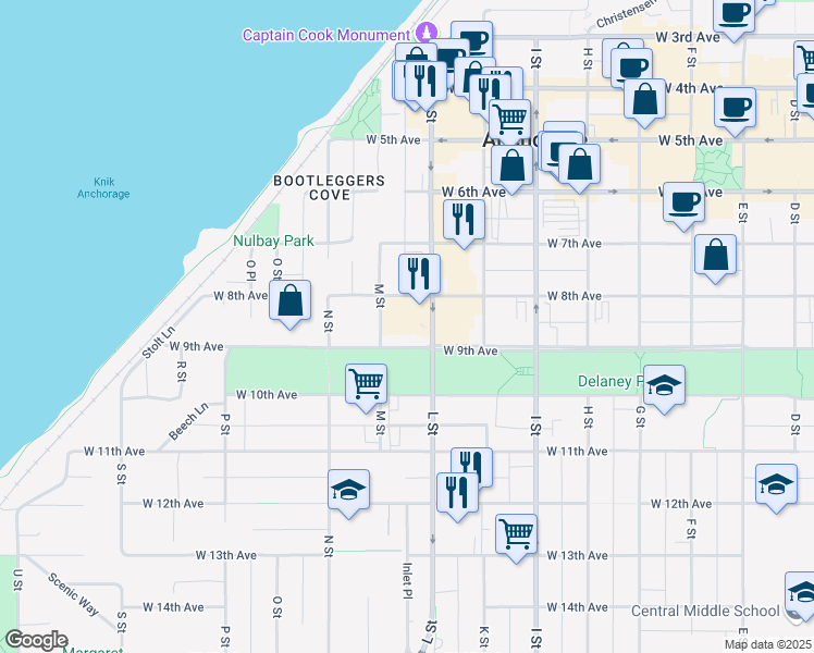 map of restaurants, bars, coffee shops, grocery stores, and more near 1110 West 8th Avenue in Anchorage