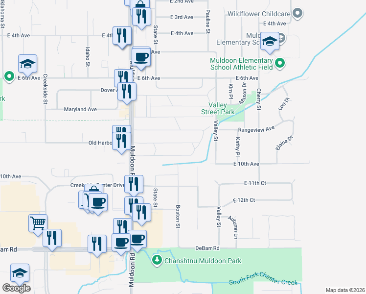 map of restaurants, bars, coffee shops, grocery stores, and more near 905 Muldoon Road in Anchorage
