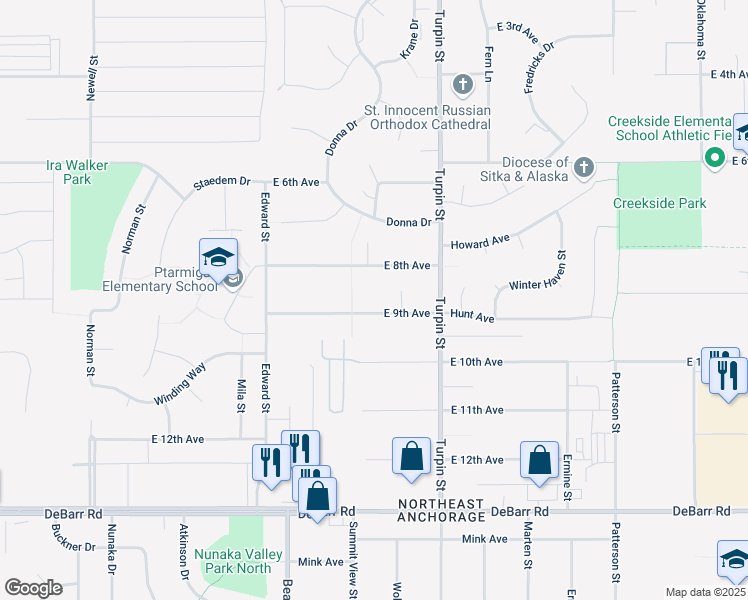 map of restaurants, bars, coffee shops, grocery stores, and more near 6530 East 9th Avenue in Anchorage
