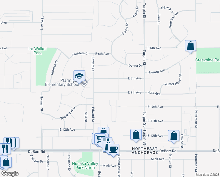 map of restaurants, bars, coffee shops, grocery stores, and more near 6340 East 9th Avenue in Anchorage