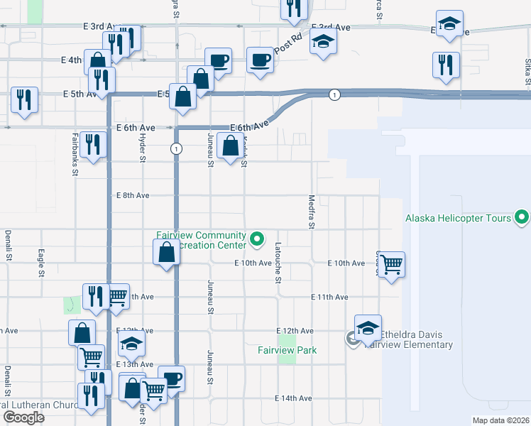 map of restaurants, bars, coffee shops, grocery stores, and more near 1100-1198 E 9th Ave in Anchorage