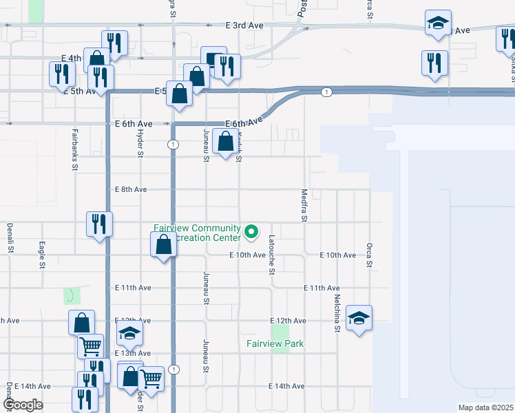 map of restaurants, bars, coffee shops, grocery stores, and more near 1100-1198 E 9th Ave in Anchorage