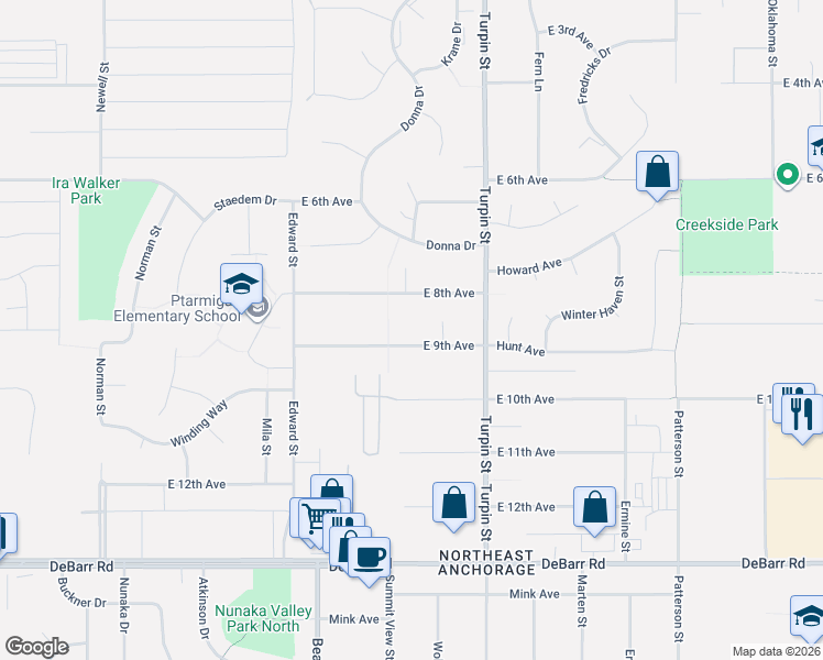 map of restaurants, bars, coffee shops, grocery stores, and more near 6530 East 9th Avenue in Anchorage