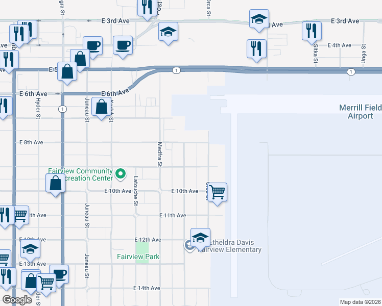 map of restaurants, bars, coffee shops, grocery stores, and more near 901 Nelchina Street in Anchorage