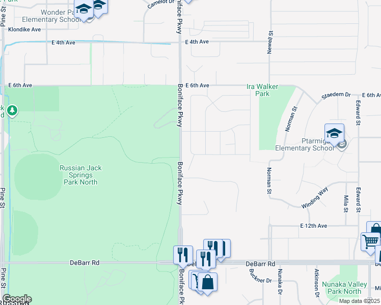 map of restaurants, bars, coffee shops, grocery stores, and more near 1011 Boniface Parkway in Anchorage