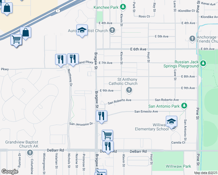 map of restaurants, bars, coffee shops, grocery stores, and more near 3935 San Roberto Avenue in Anchorage