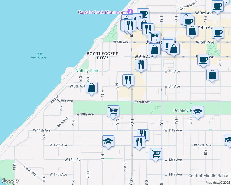 map of restaurants, bars, coffee shops, grocery stores, and more near 1110 West 8th Avenue in Anchorage