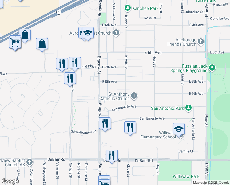map of restaurants, bars, coffee shops, grocery stores, and more near 4003 East 9th Avenue in Anchorage