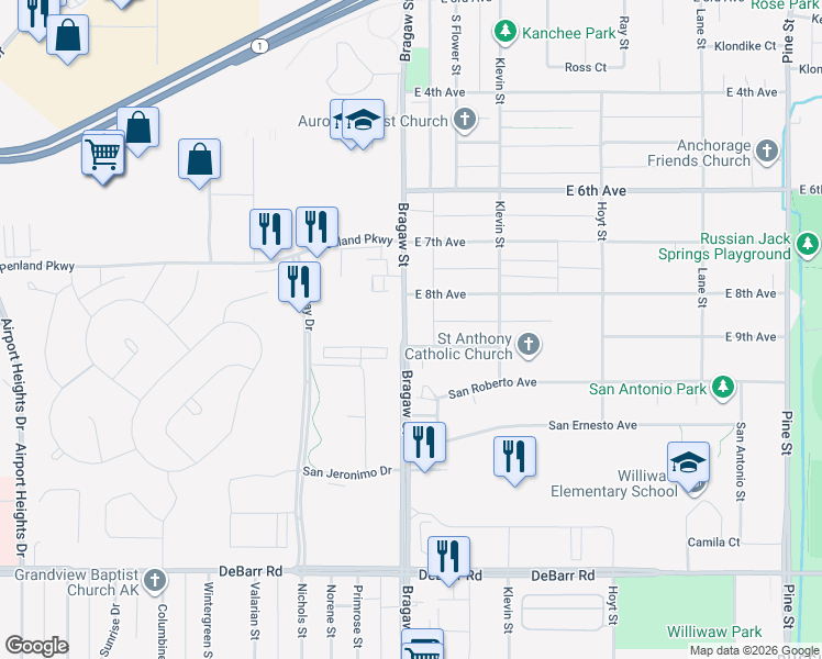 map of restaurants, bars, coffee shops, grocery stores, and more near 801 Bragaw Street in Anchorage