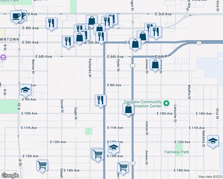 map of restaurants, bars, coffee shops, grocery stores, and more near 727 East 8th Avenue in Anchorage