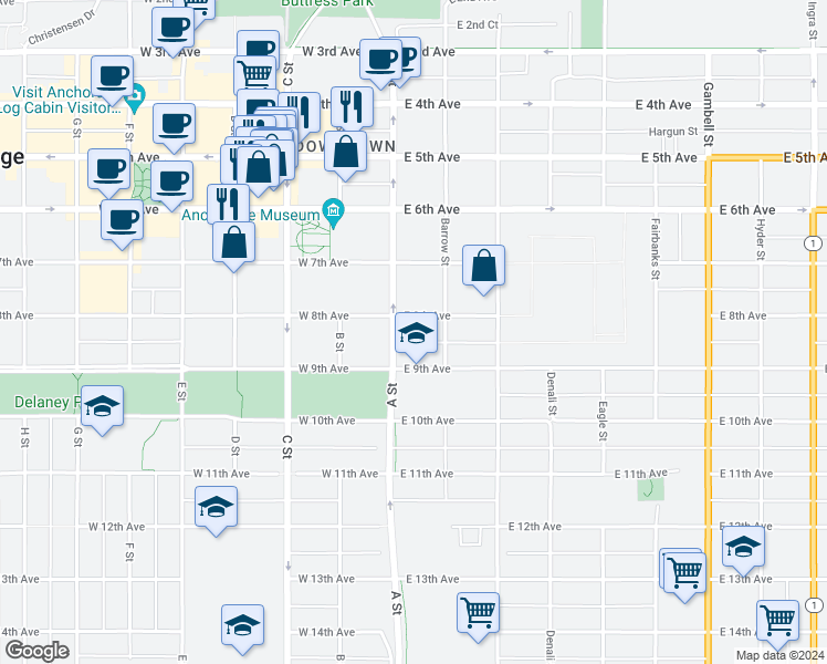 map of restaurants, bars, coffee shops, grocery stores, and more near 707 A Street in Anchorage
