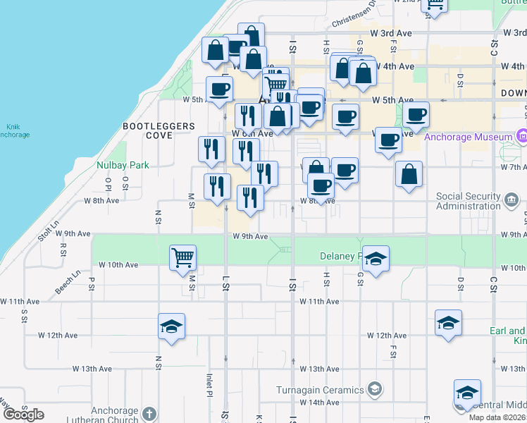 map of restaurants, bars, coffee shops, grocery stores, and more near 735 K Street in Anchorage