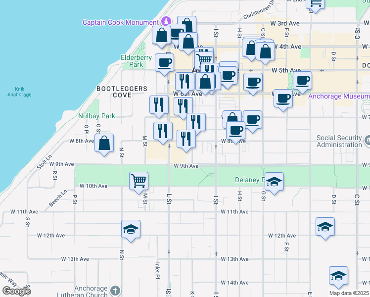 map of restaurants, bars, coffee shops, grocery stores, and more near 738 K Street in Anchorage