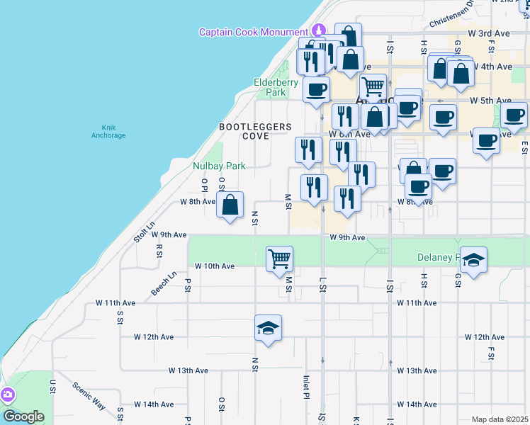 map of restaurants, bars, coffee shops, grocery stores, and more near 727 N Street in Anchorage