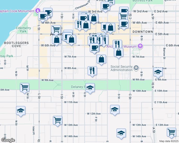 map of restaurants, bars, coffee shops, grocery stores, and more near 630 West 8th Avenue in Anchorage