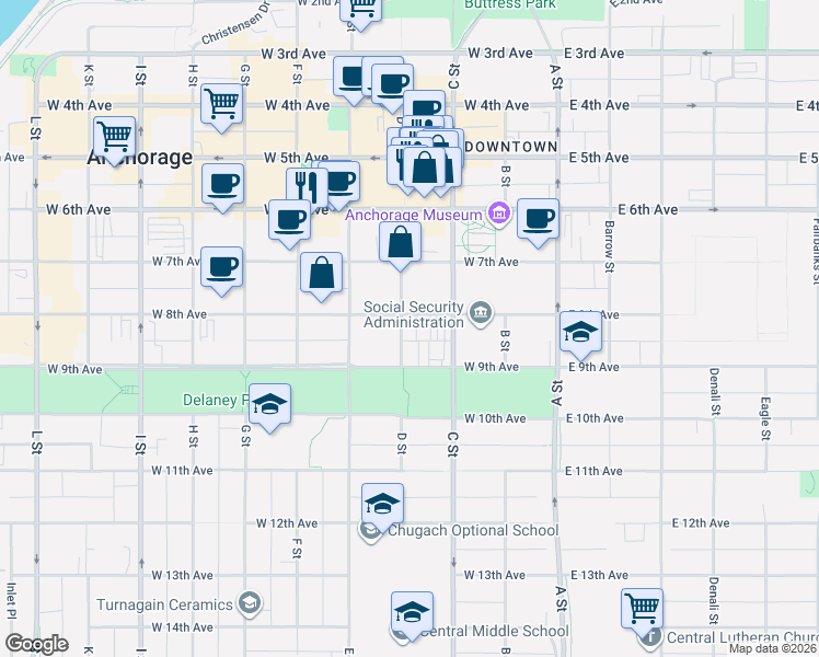 map of restaurants, bars, coffee shops, grocery stores, and more near 813 D Street in Anchorage