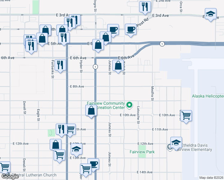 map of restaurants, bars, coffee shops, grocery stores, and more near 813 Juneau Street in Anchorage