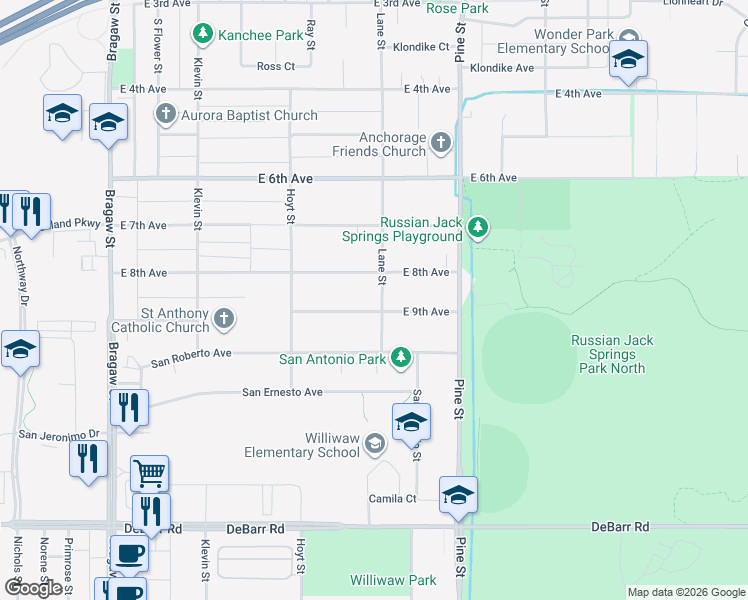 map of restaurants, bars, coffee shops, grocery stores, and more near 4437 East 8th Avenue in Anchorage
