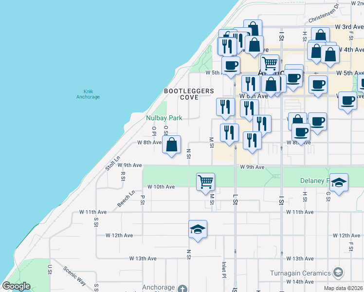 map of restaurants, bars, coffee shops, grocery stores, and more near 808 N Street in Anchorage