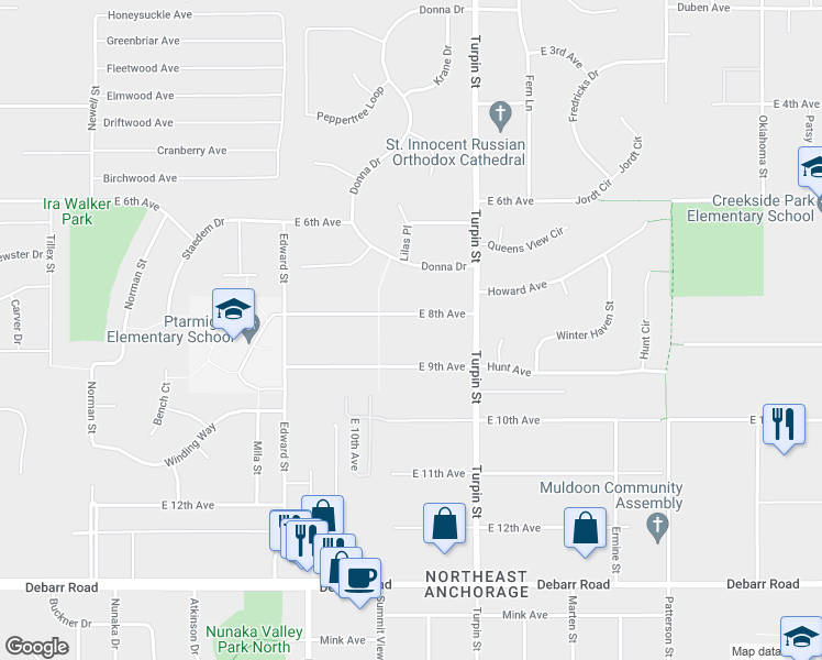map of restaurants, bars, coffee shops, grocery stores, and more near 6541 East 8th Avenue in Anchorage