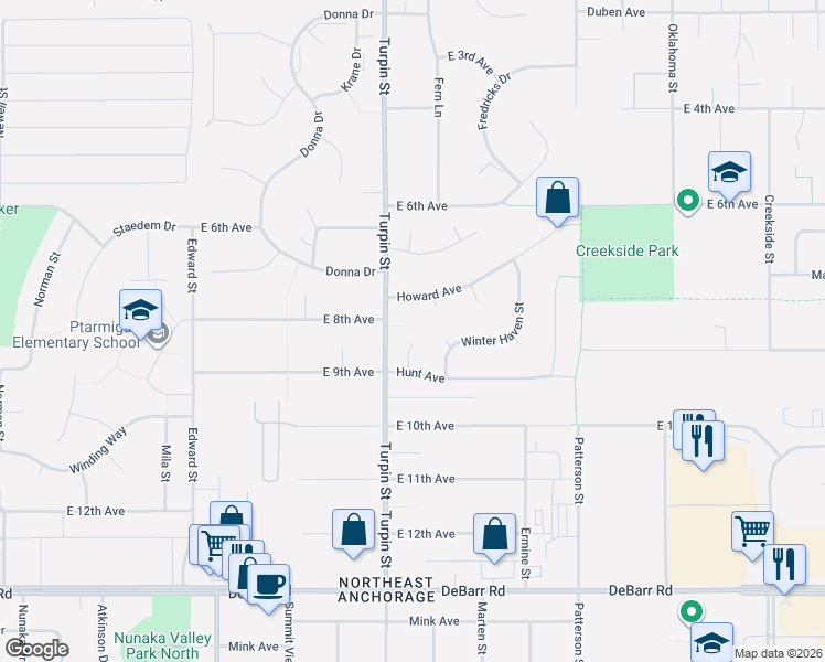 map of restaurants, bars, coffee shops, grocery stores, and more near 6700 Howard Avenue in Anchorage