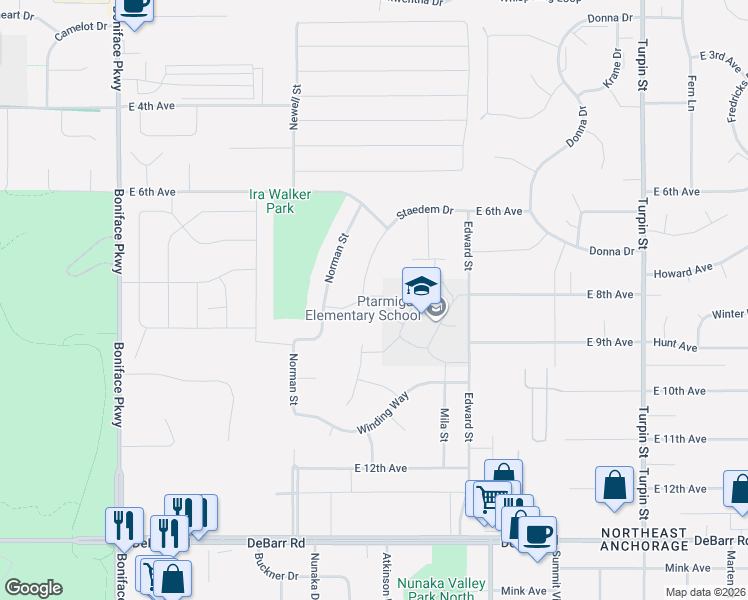 map of restaurants, bars, coffee shops, grocery stores, and more near 6020 Staedem Drive in Anchorage
