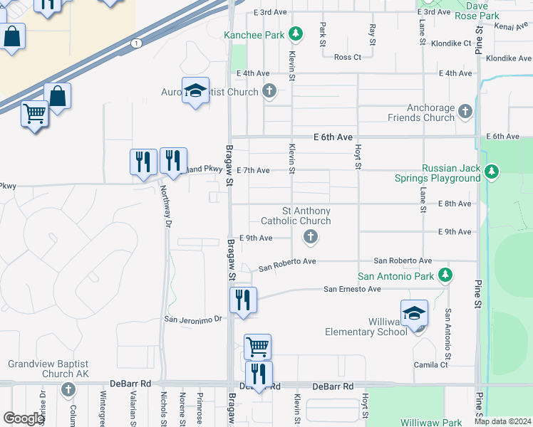 map of restaurants, bars, coffee shops, grocery stores, and more near 3941 East 8th Avenue in Anchorage
