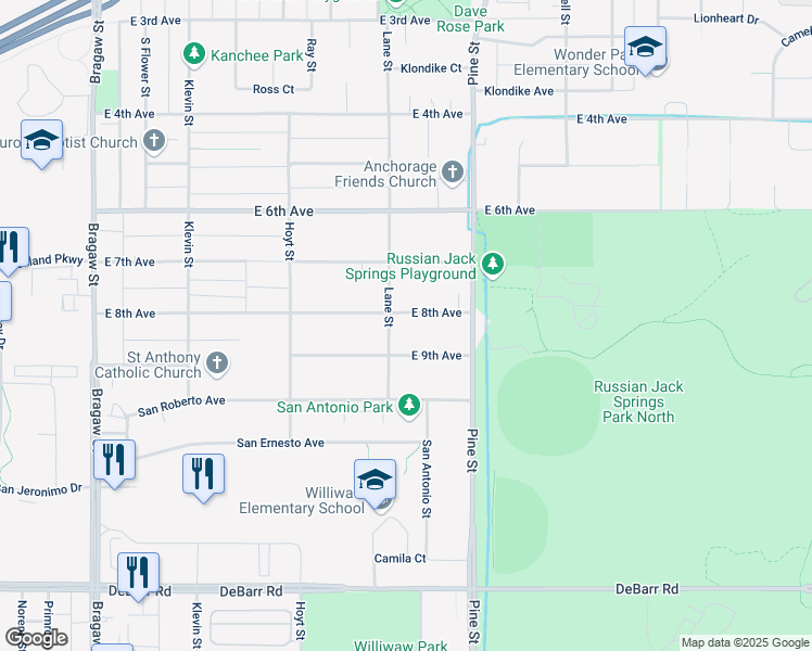 map of restaurants, bars, coffee shops, grocery stores, and more near 4516 East 8th Avenue in Anchorage