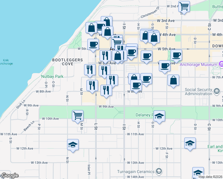 map of restaurants, bars, coffee shops, grocery stores, and more near 735 K Street in Anchorage