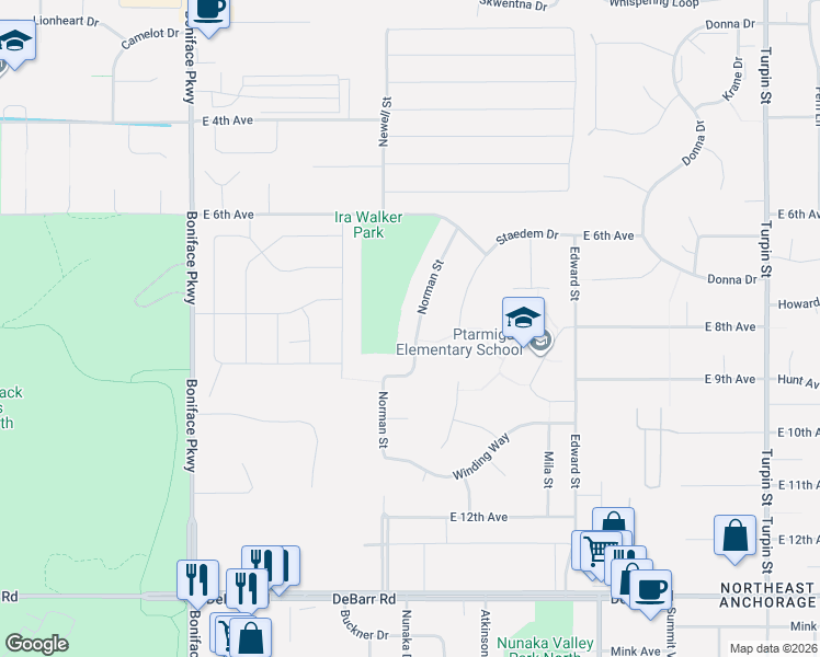 map of restaurants, bars, coffee shops, grocery stores, and more near 840 Norman Street in Anchorage