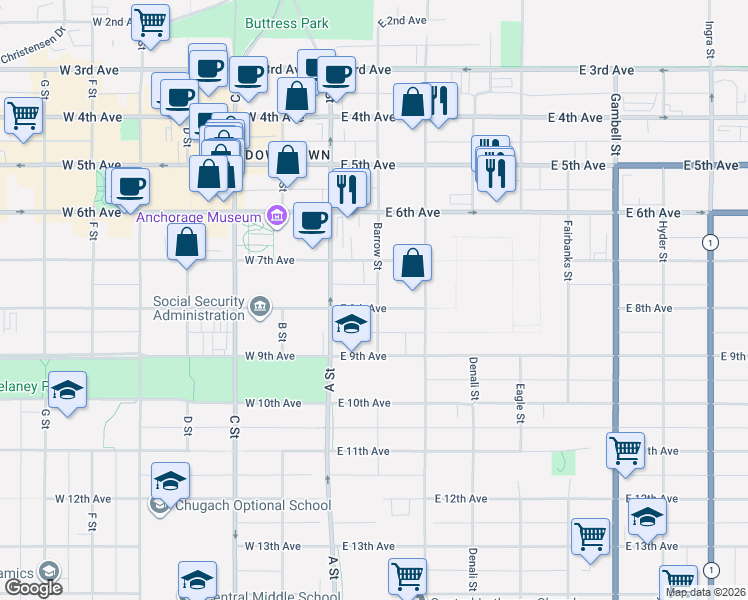 map of restaurants, bars, coffee shops, grocery stores, and more near 742 Barrow St in Anchorage