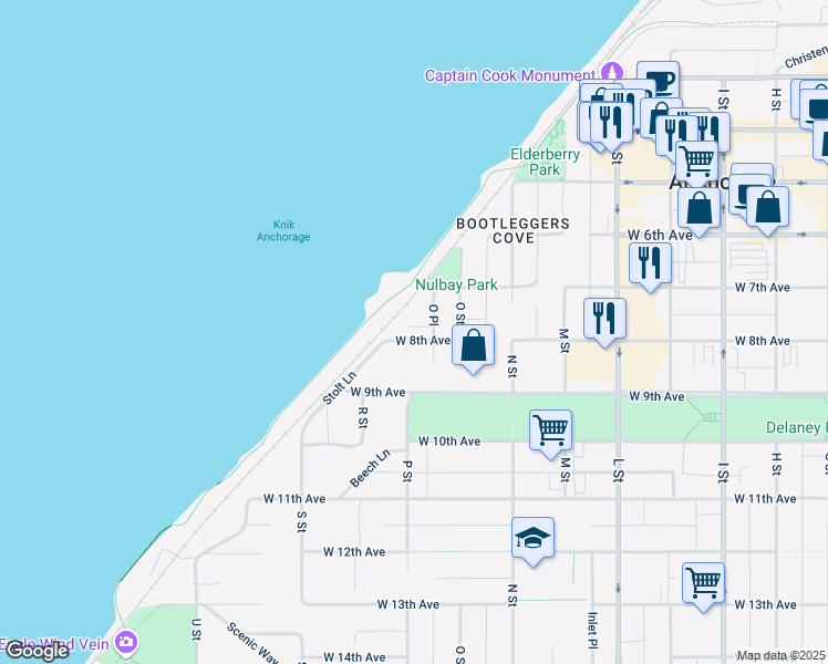 map of restaurants, bars, coffee shops, grocery stores, and more near 1475 West 8th Avenue in Anchorage