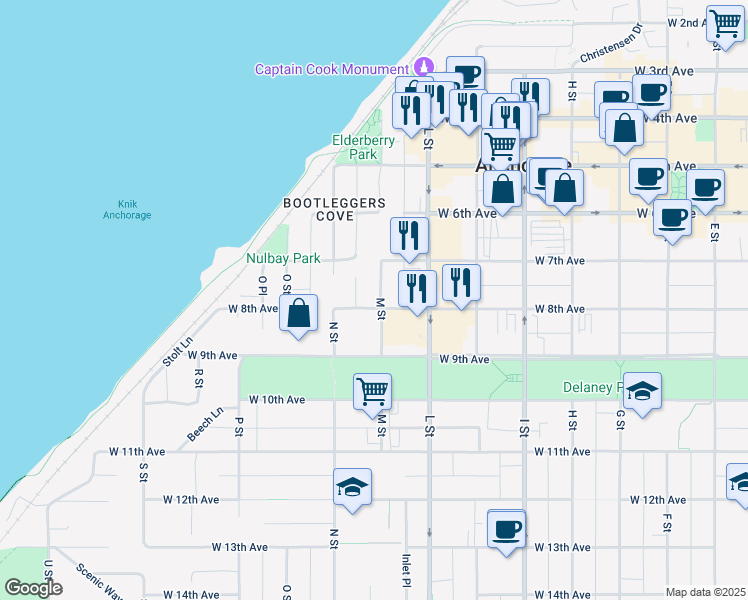 map of restaurants, bars, coffee shops, grocery stores, and more near 737 M Street in Anchorage