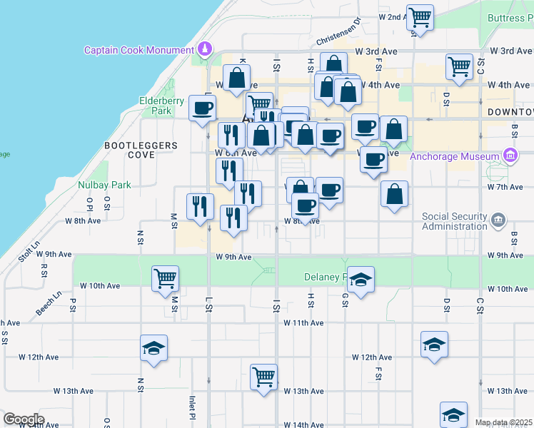 map of restaurants, bars, coffee shops, grocery stores, and more near 731 I Street in Anchorage