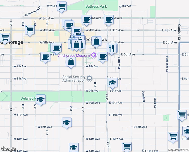 map of restaurants, bars, coffee shops, grocery stores, and more near in Anchorage
