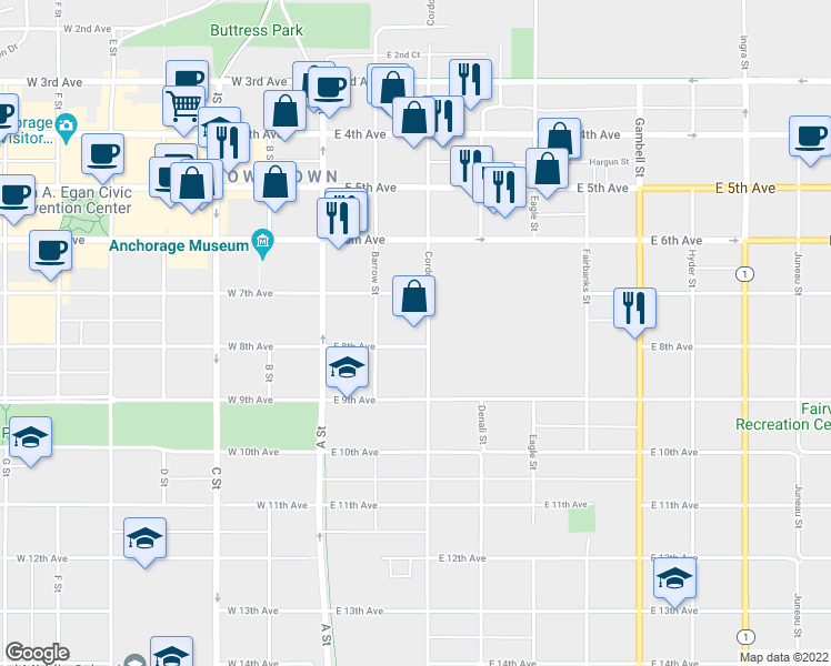 map of restaurants, bars, coffee shops, grocery stores, and more near 235 East 8th Avenue in Anchorage