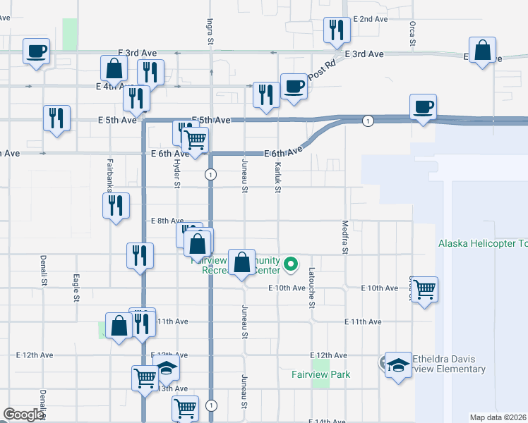 map of restaurants, bars, coffee shops, grocery stores, and more near 1021 E 8th Ave in Anchorage