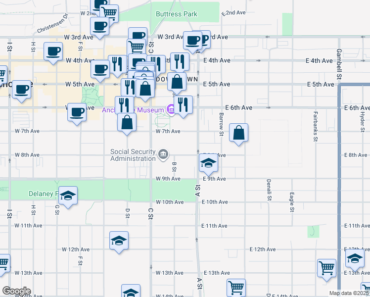 map of restaurants, bars, coffee shops, grocery stores, and more near 129 West 8th Avenue in Anchorage