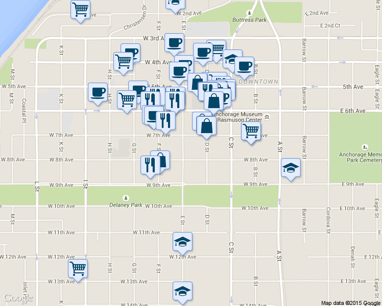 map of restaurants, bars, coffee shops, grocery stores, and more near 429 West 8th Avenue in Anchorage