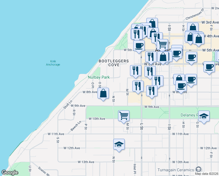 map of restaurants, bars, coffee shops, grocery stores, and more near 1300 West 7th Avenue in Anchorage