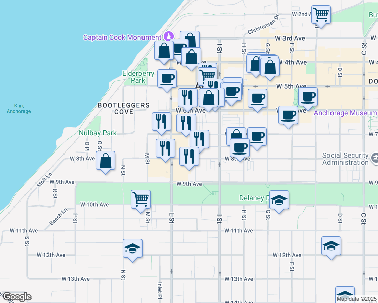 map of restaurants, bars, coffee shops, grocery stores, and more near 738 K Street in Anchorage