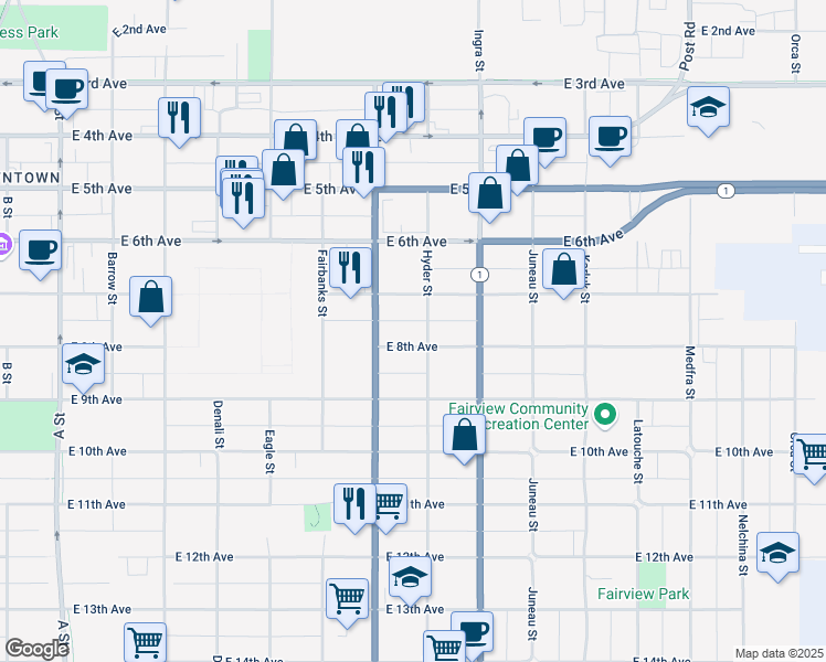 map of restaurants, bars, coffee shops, grocery stores, and more near 727 East 8th Avenue in Anchorage